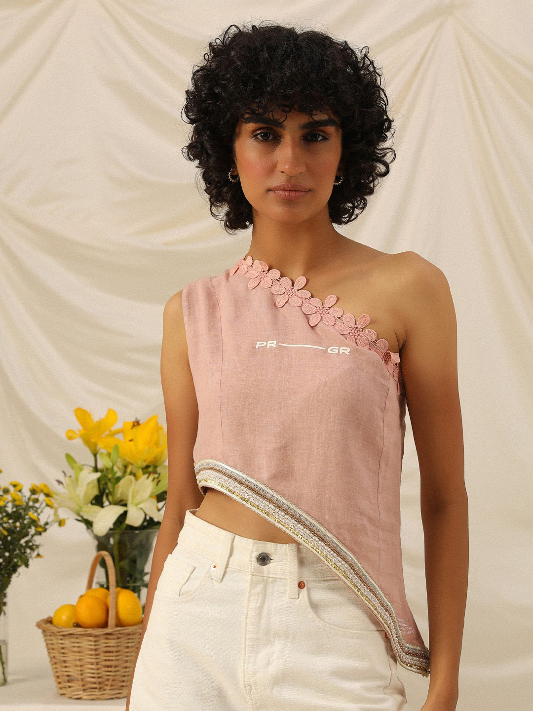 PRIMAL GRAY Women One Shoulder Linen Crop Cut Out Top