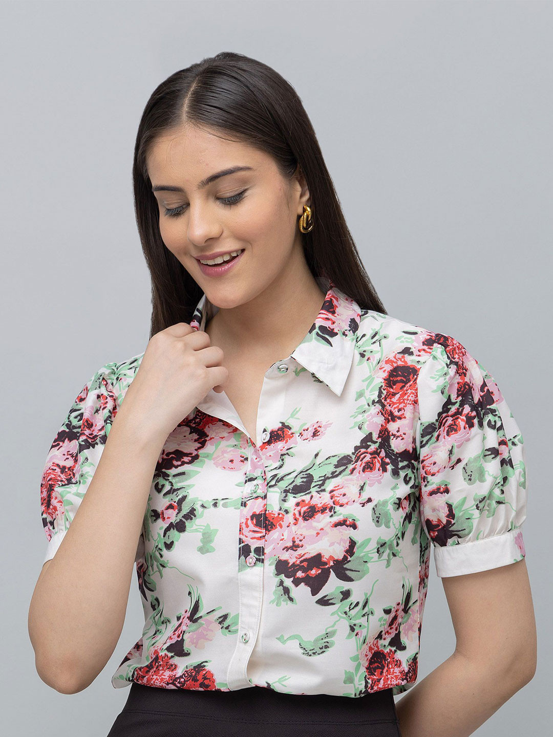 PURYS WORKSPACE Women Classic Fit Geometric Printed Spread Collar Satin Formal Shirt