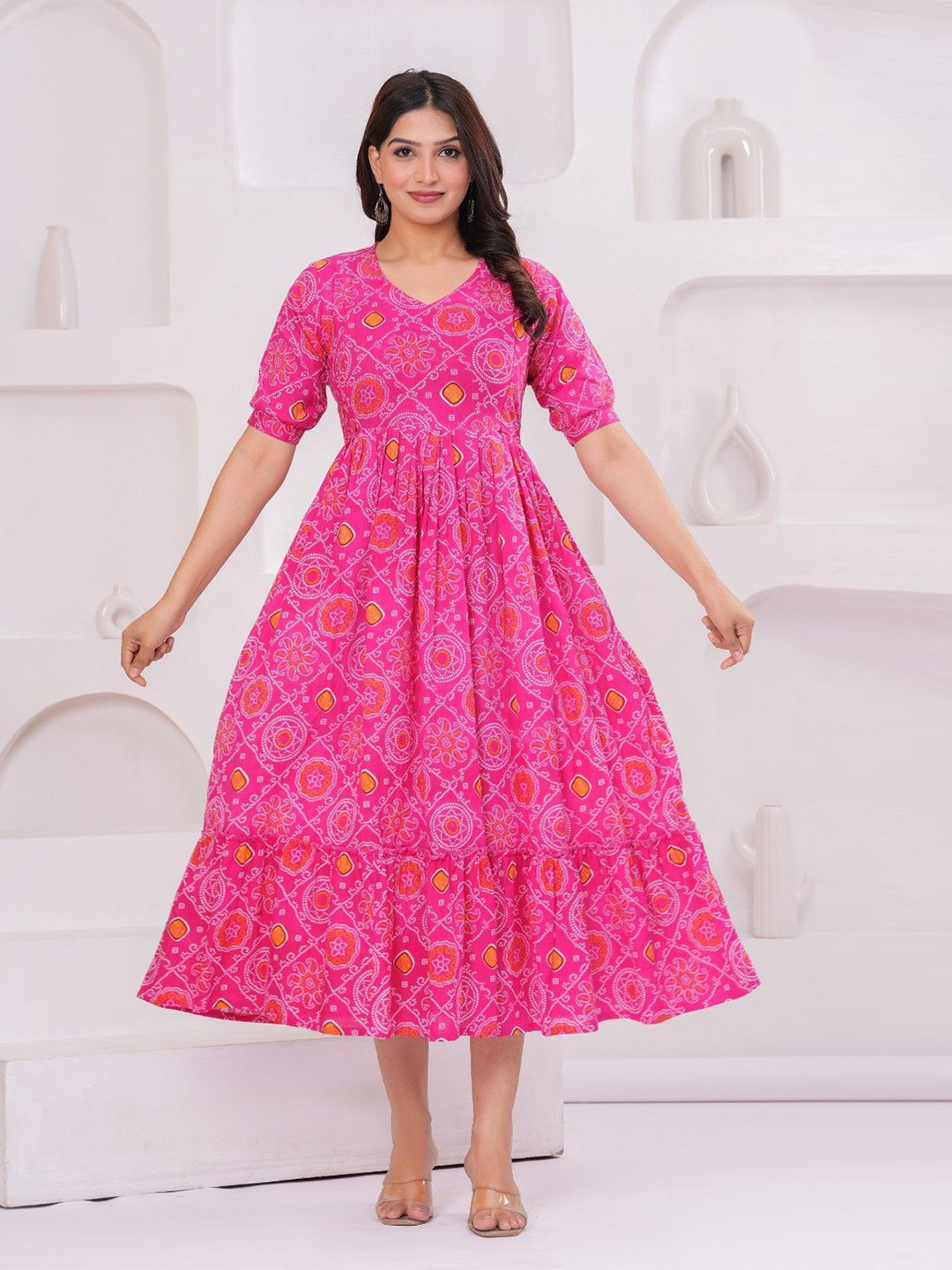FEMARY Ethnic Motifs Printed Puff Sleeve Maternity Midi Dress