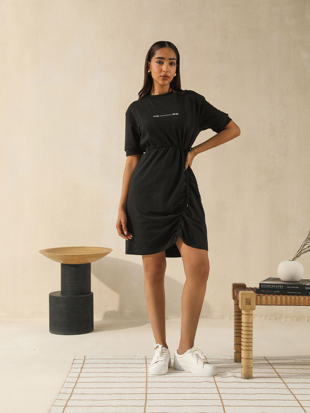 PRIMAL GRAY Women Printed Typography Round Neck Sheath Dress