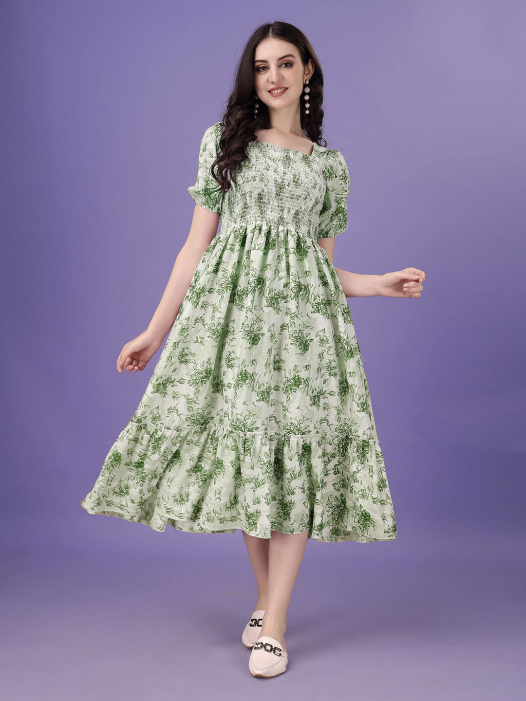 Pinly Women Floral Printed Puff Sleeve Smocked Tiered Fit & Flare Midi Dress