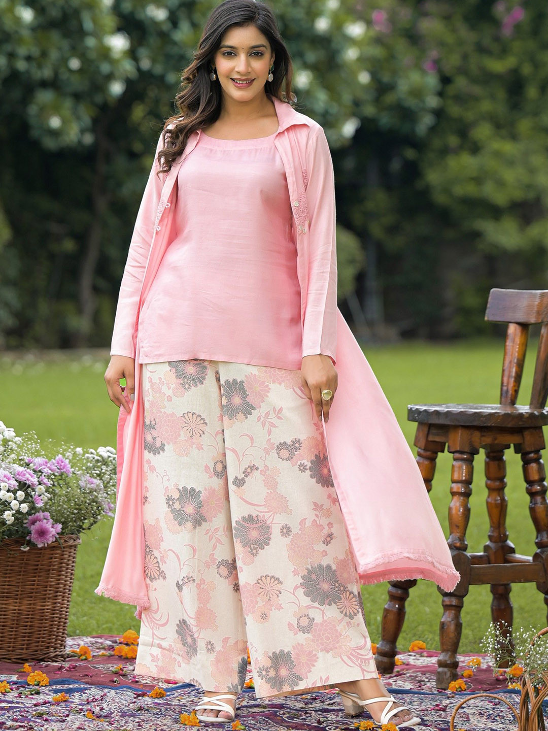 AUTUMN LANE Mahua Candy Printed Round Neck Top & Trousers With Jacket Co-Ords