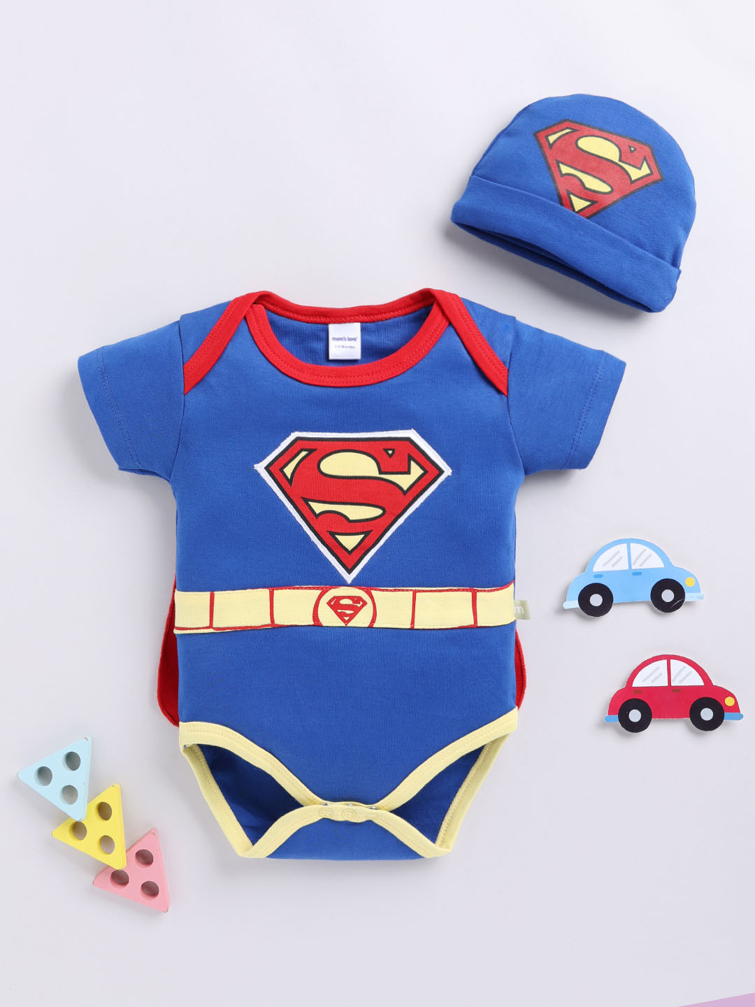 Moms Love Infant Boys Pure Cotton Superman Bodysuit With Cap