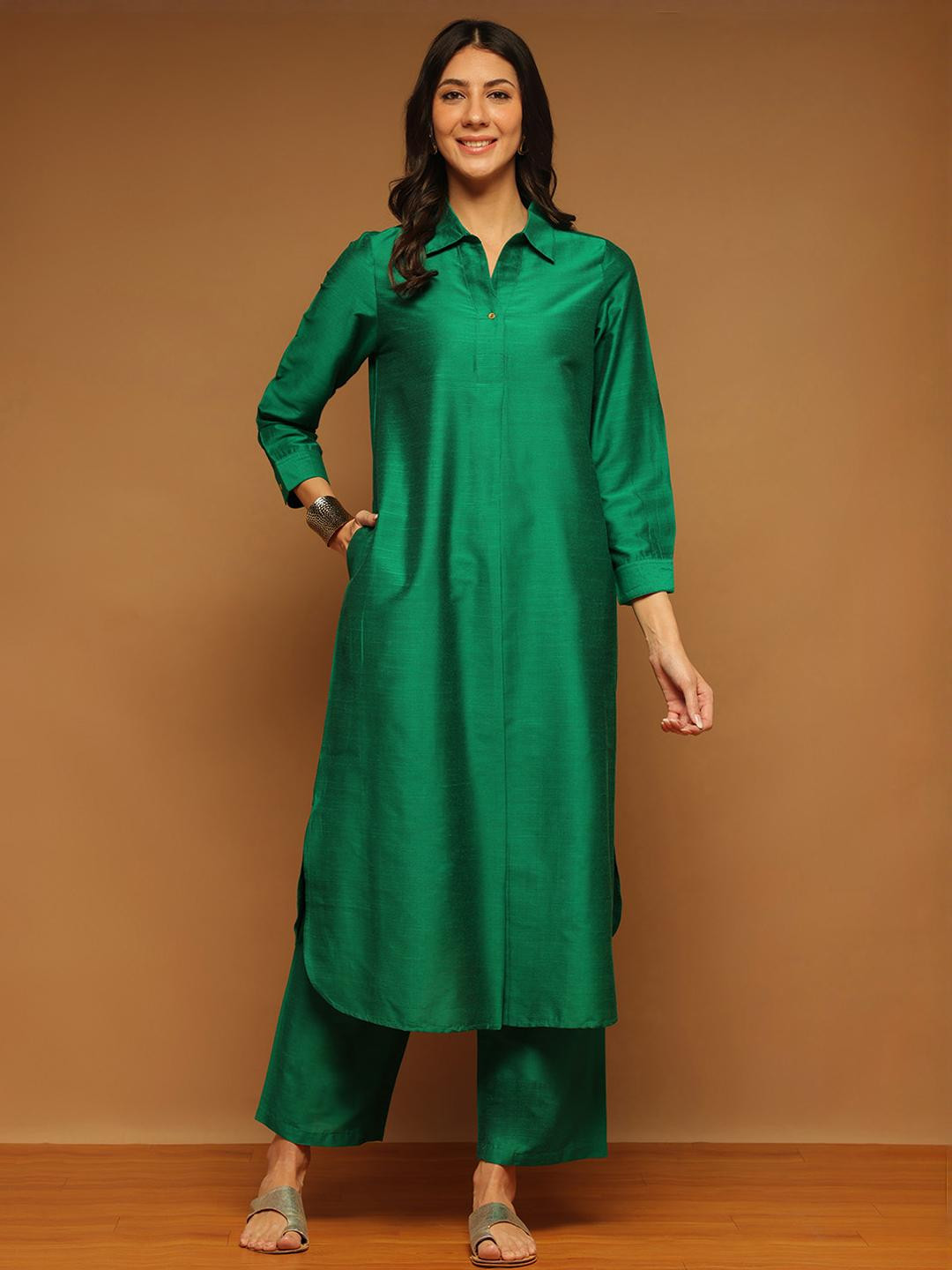 Anouk Women Green Solid A Line Shirt Collar Long Sleeves Silk Blend Pleated Tunic Co-Ords