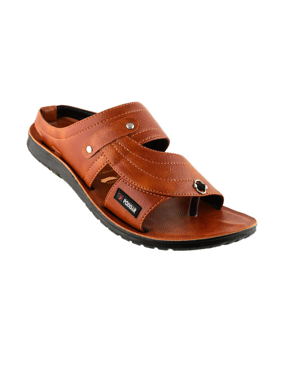 Poddar Men Tan Textured Open-Toe Slip-On Sliders with Buckle Sandal