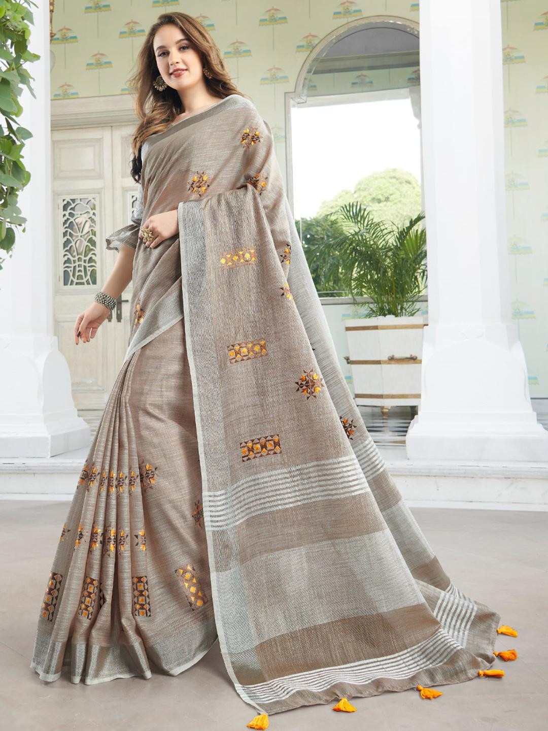 KALINI Beige Linen Blend Printed Sarees