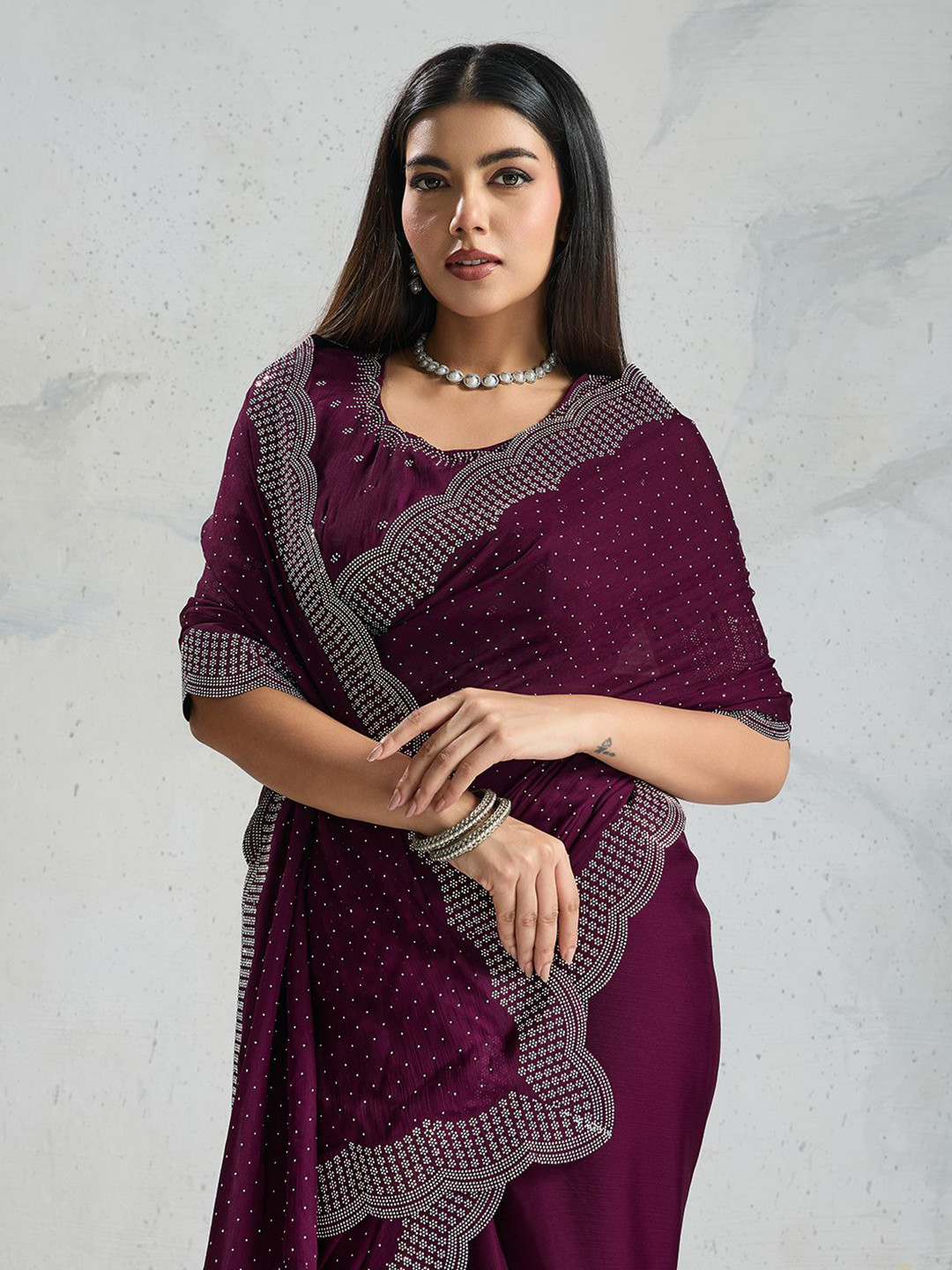 PBS PRINTS Embellished Beads and Stones Satin Saree With Scallop Border