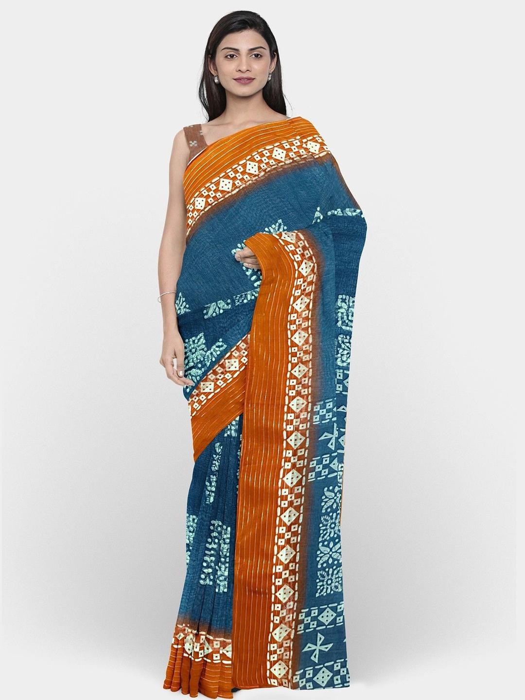 Ruhabs Women Geometric Printed Ikat Saree with an unstitched Blouse Piece