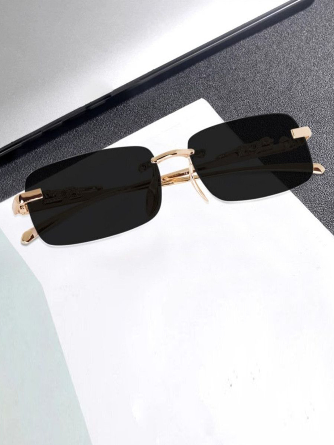 SPADEACES Unisex Rectangle Sunglasses with UV Protected Lens kARAN GOLD BLACK -36