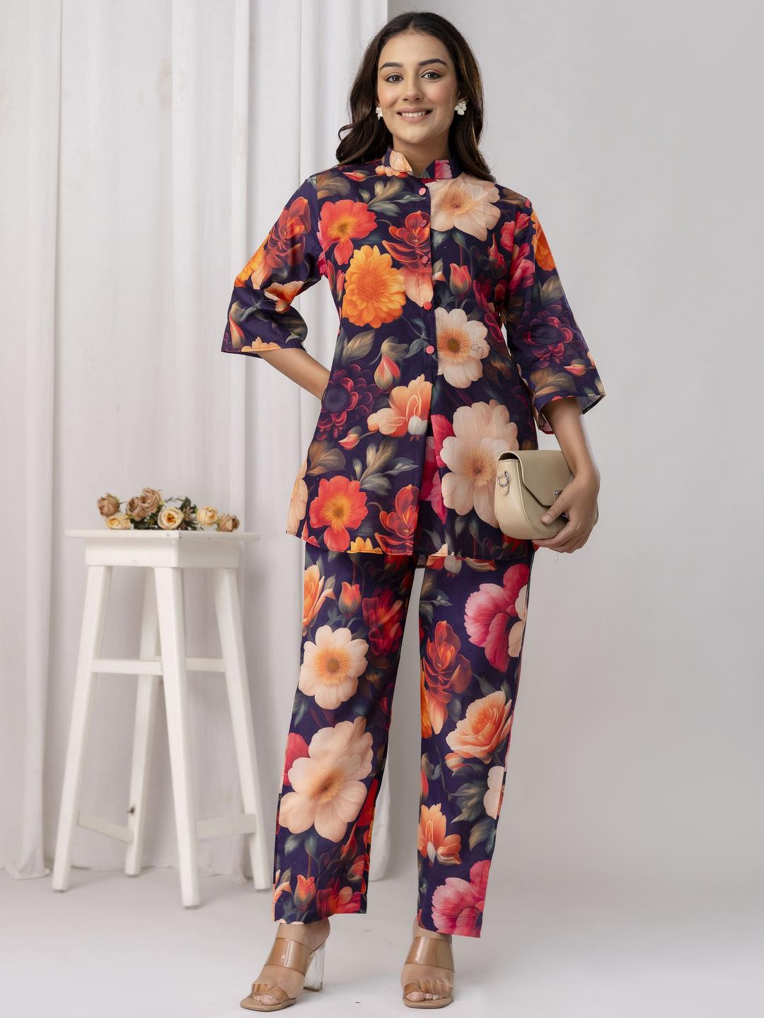 Anouk Half Buttoned Bold Floral Flared Printed Pure Cotton Co-ord Set