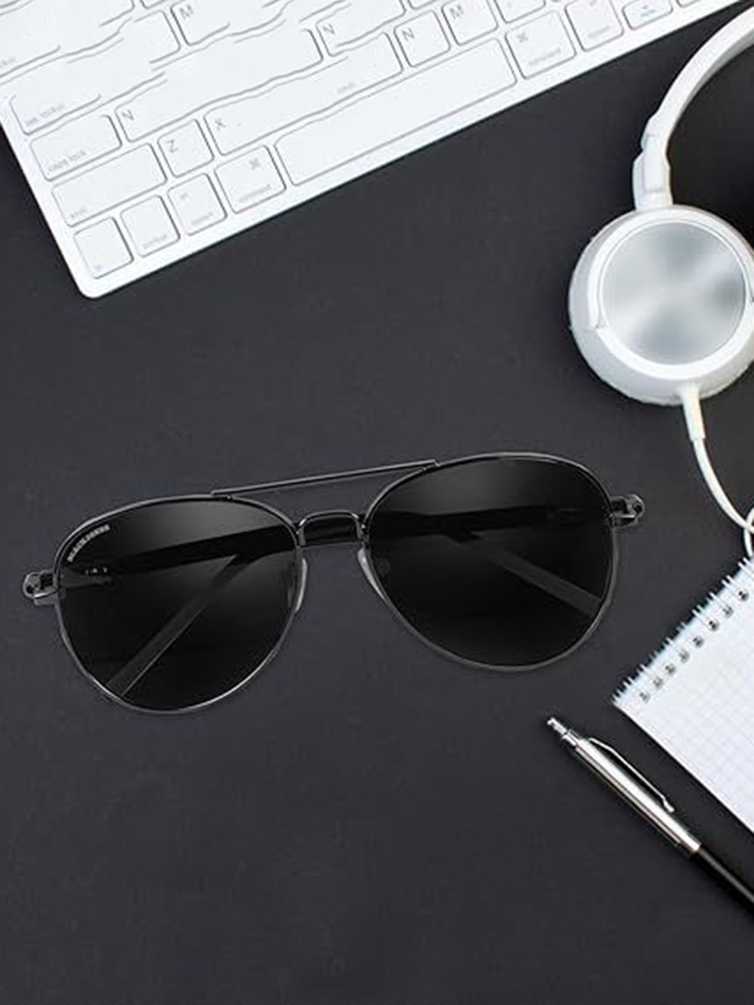 BLACK JONES Unisex Black Lens & Black Aviator Sunglasses With Polarised Lens