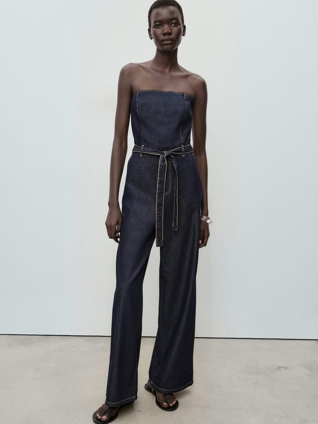 MANGO Strapless Denim Jumpsuit with Belt