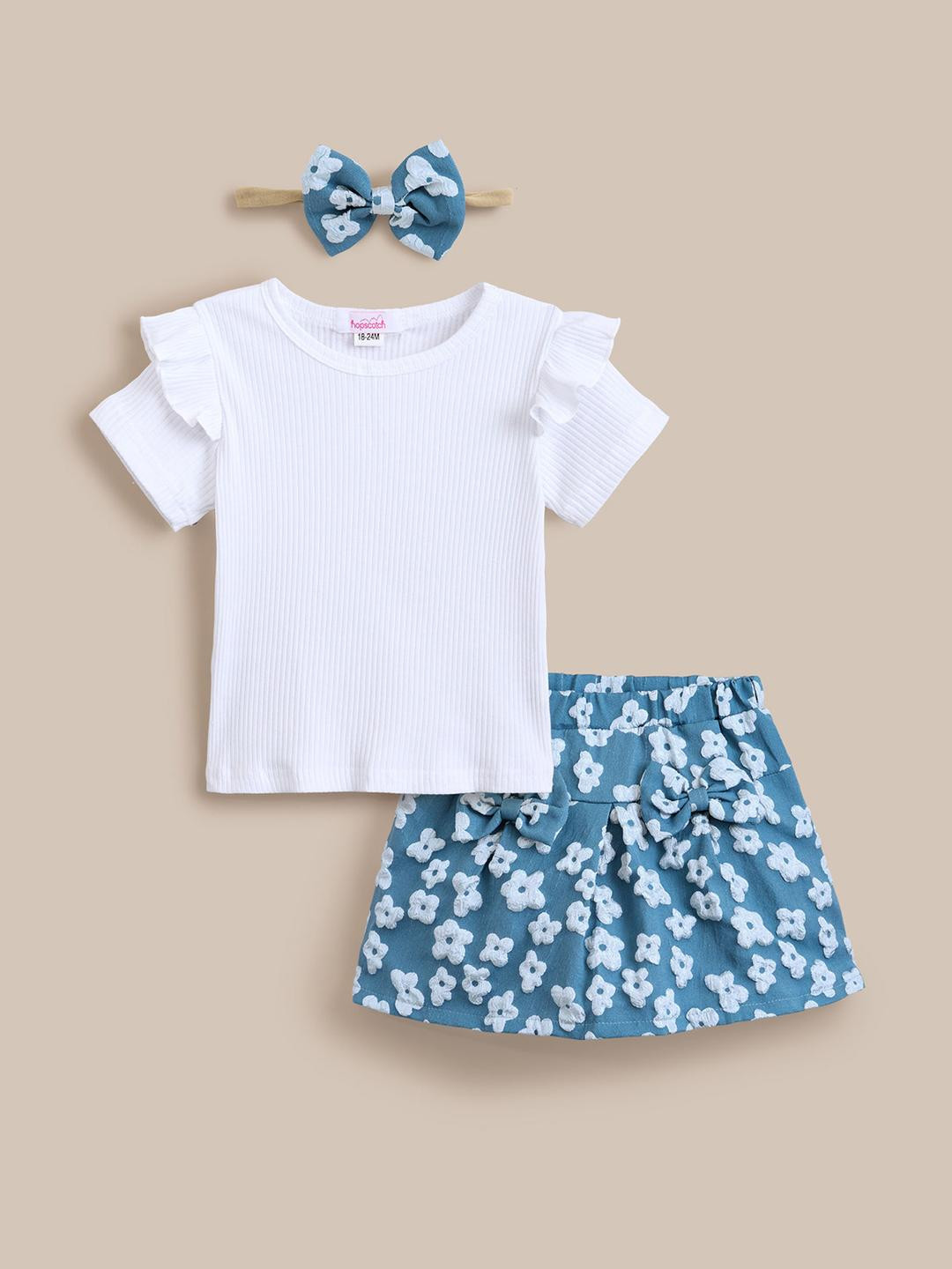 2-Pc Floral Embroidered Blouse & Denim Skirt