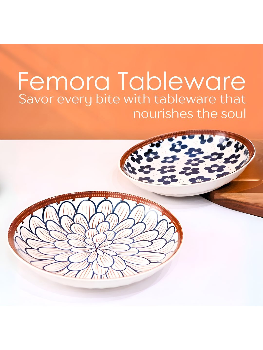 Femora 2 Pcs White & Black Printed Ceramic Dinner Plates