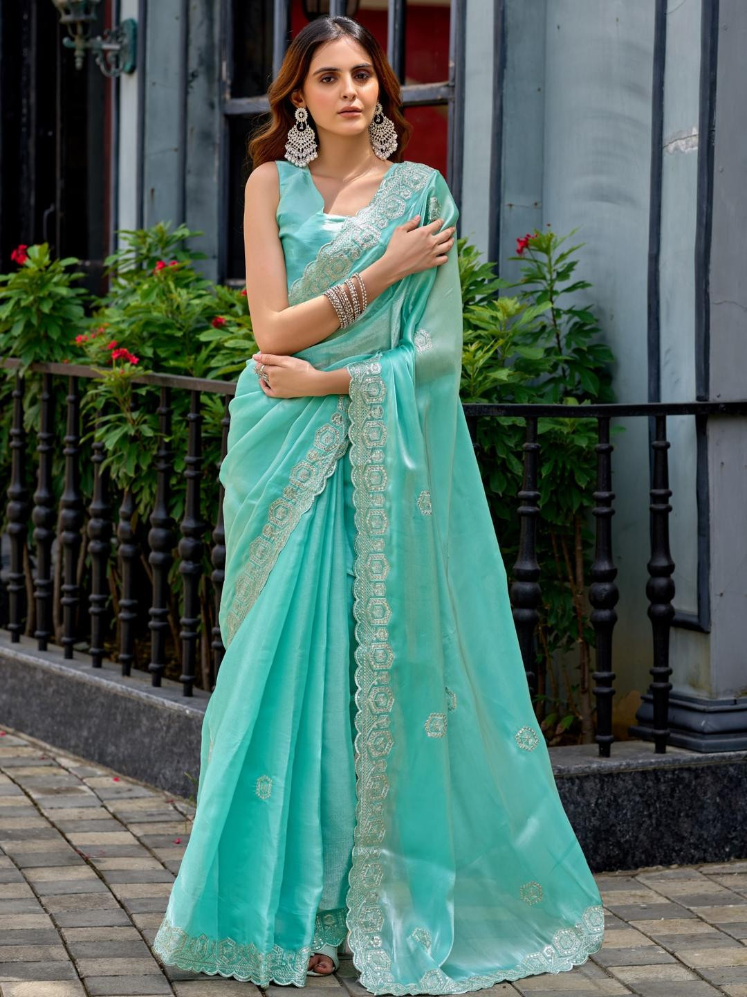 KALINI Sea Green Poly Chiffon Embroidered Sarees
