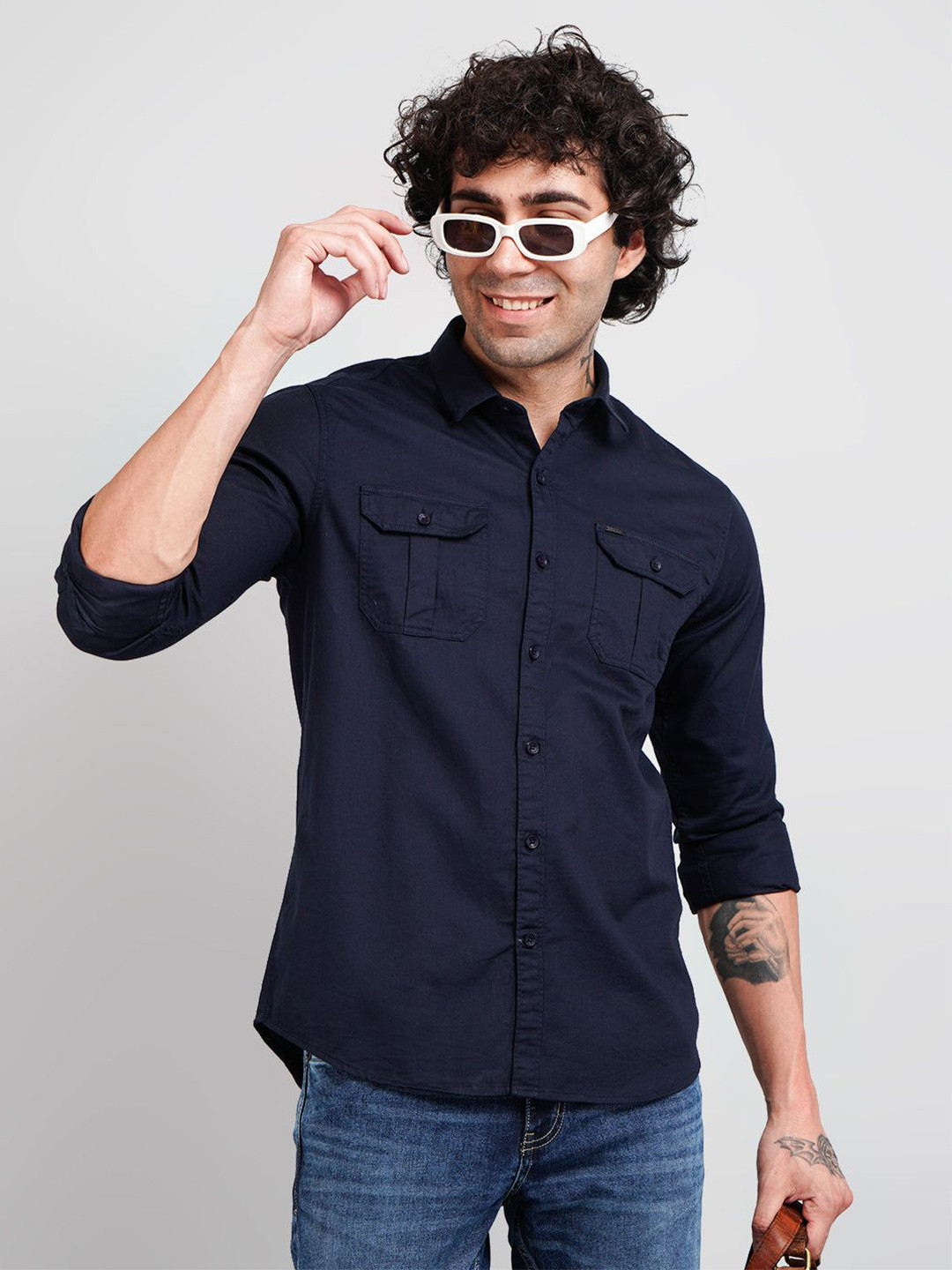 TIM PARIS Regular Fit Double Pocket Cotton Casual Shirt