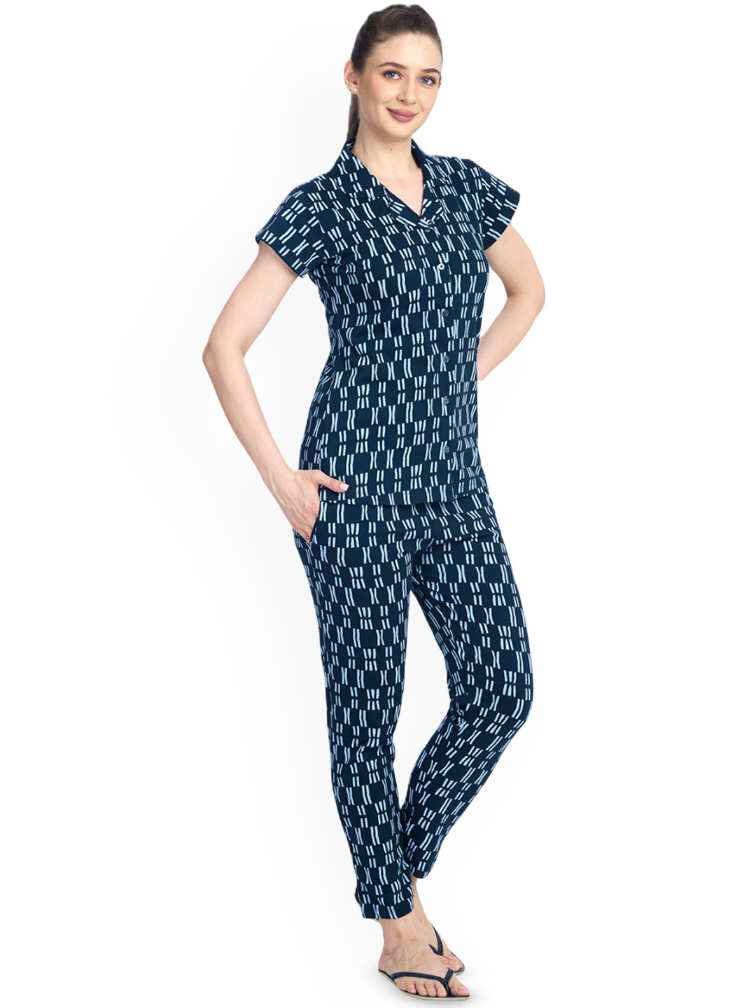 Morrio Women Geometric Printed Pure Cotton  V Neck Shirt Pyjamas Night suit