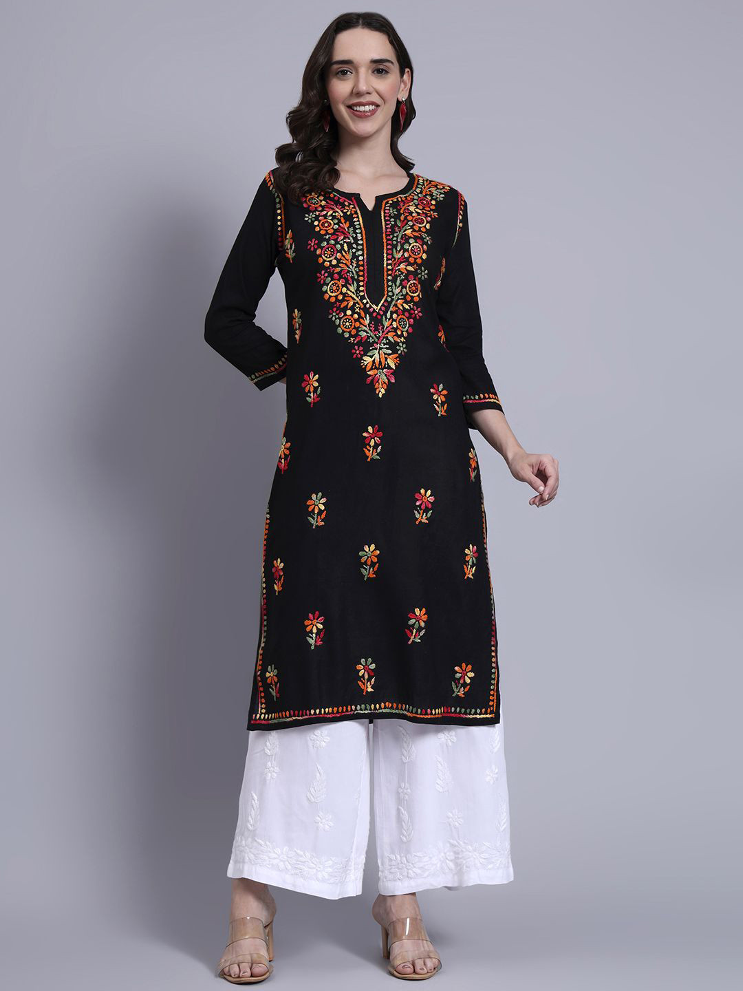 The Chikan Label Women Black Haisha Cotton Chikankari Straight Kurti