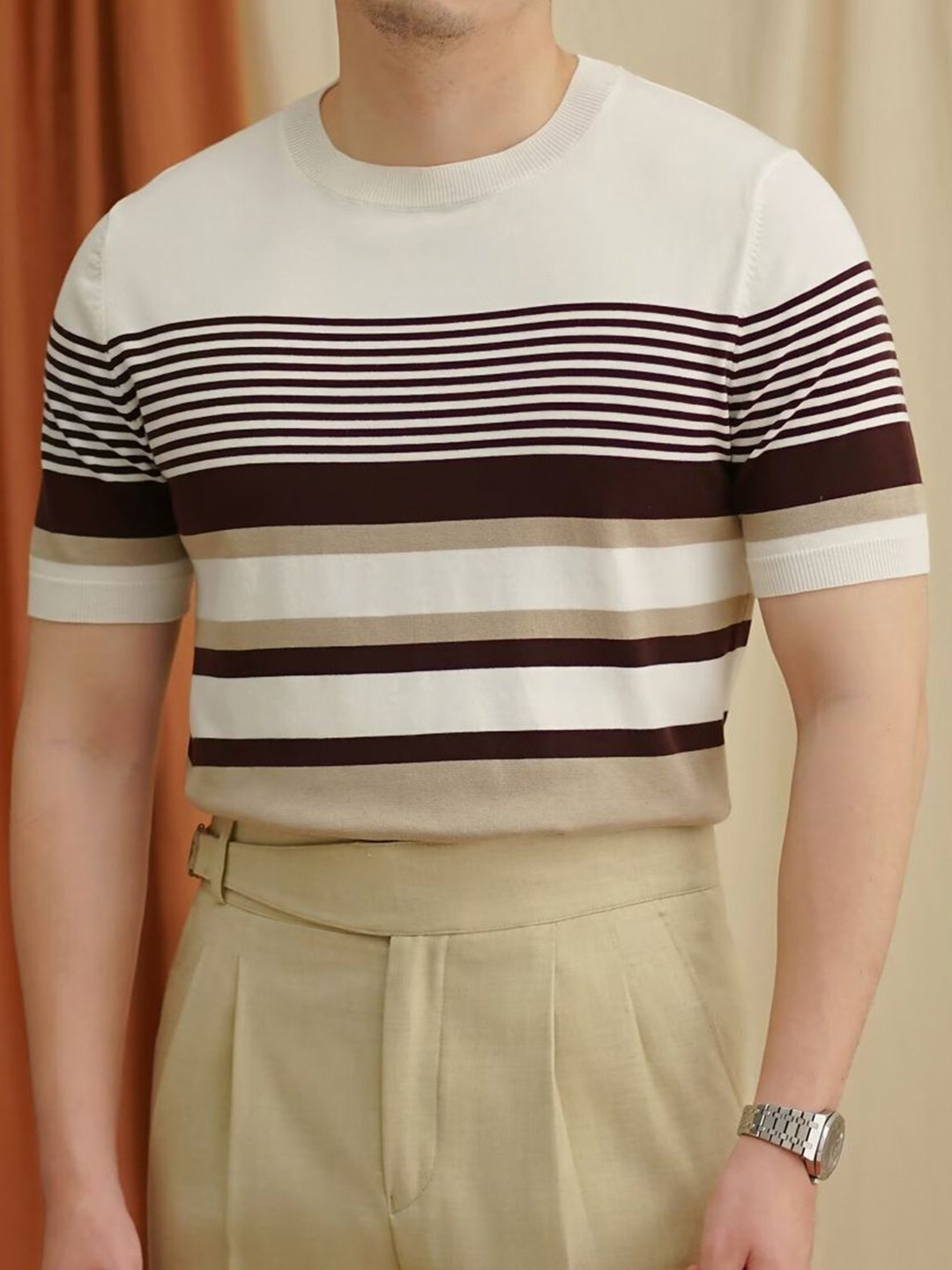 StyleCast Men Regular Fit Striped Apricot Round Neck Short Sleeve T-shirt