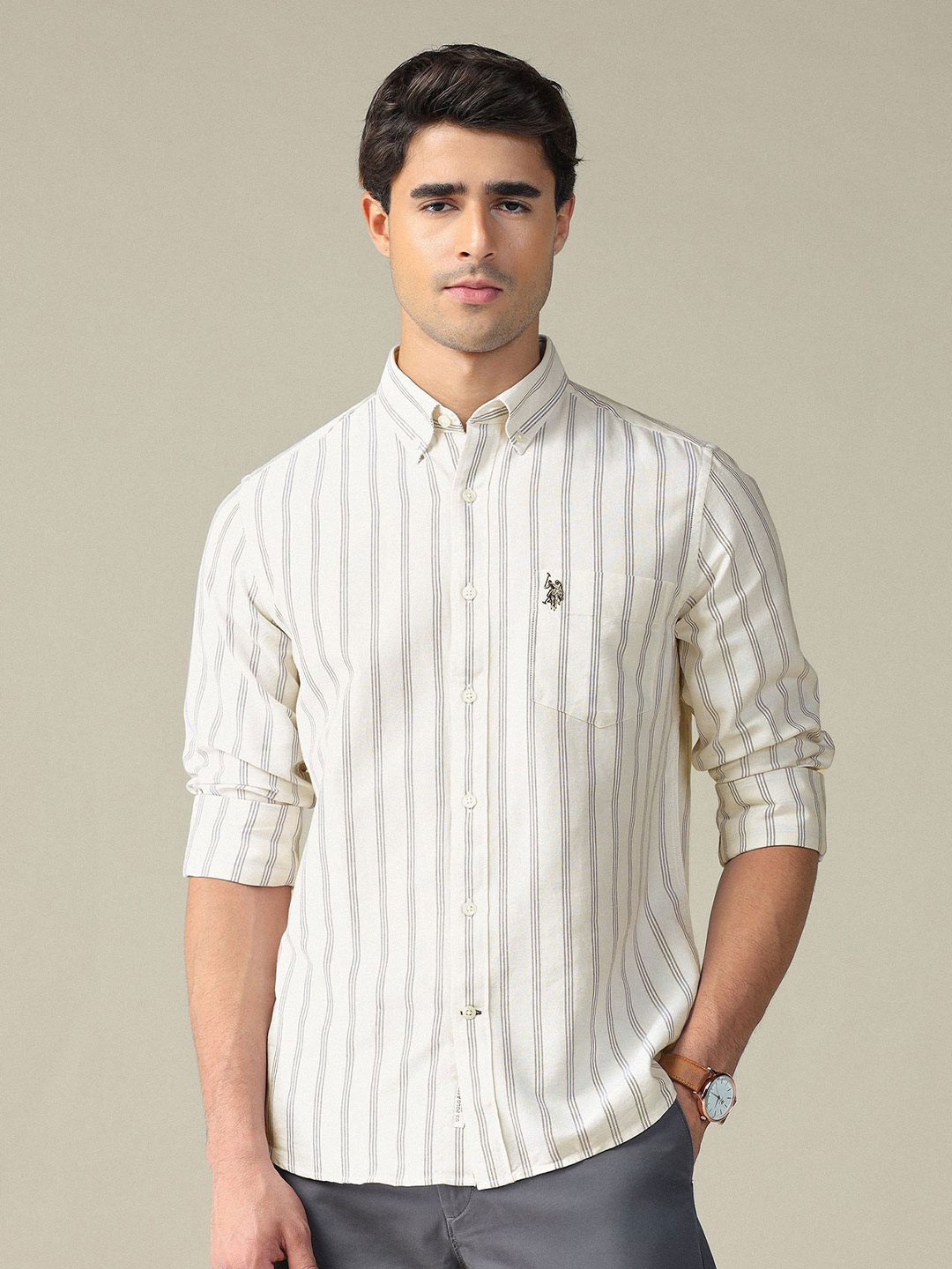 U.S. Polo Assn. Vertical Stripes Striped Pure Cotton Tailored Fit Shirt