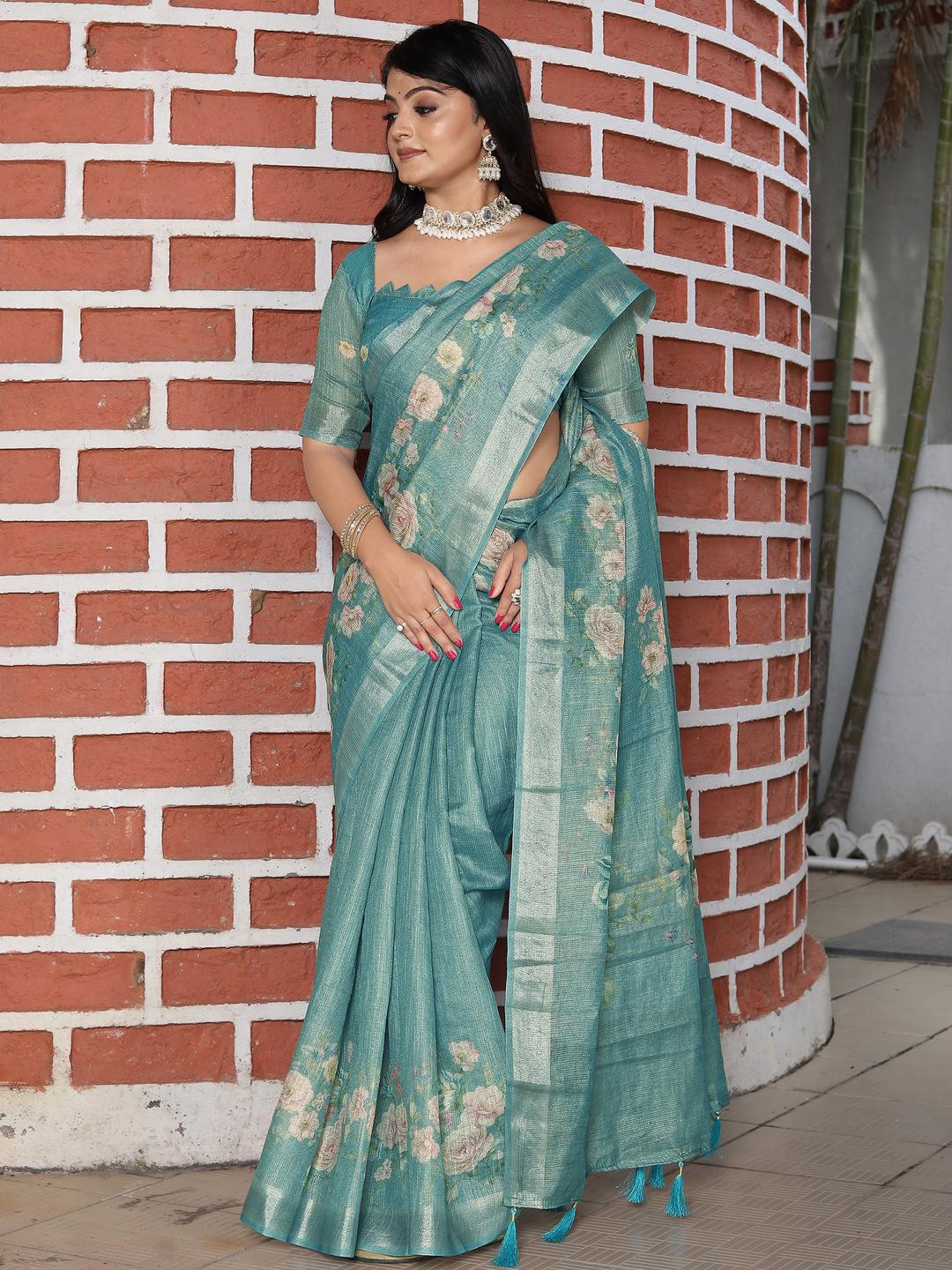 Anouk Teal Tissue Printed Sarees
