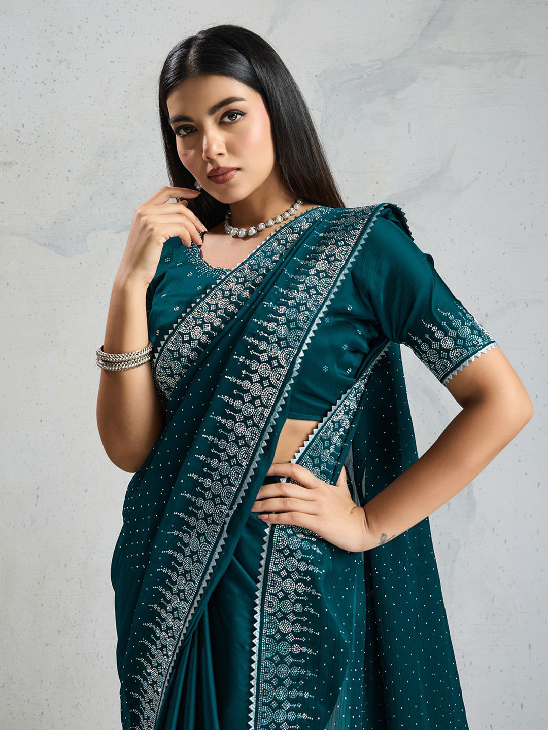 PBS PRINTS Women Embellished Beads and Stones Satin Heavy Work Sarees