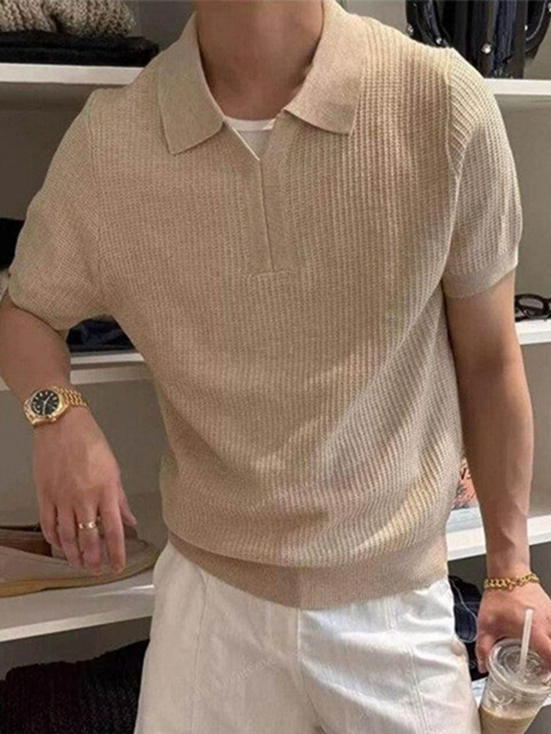 StyleCast Men Self Design Beige Polo Collar Regular Fit T Shirt