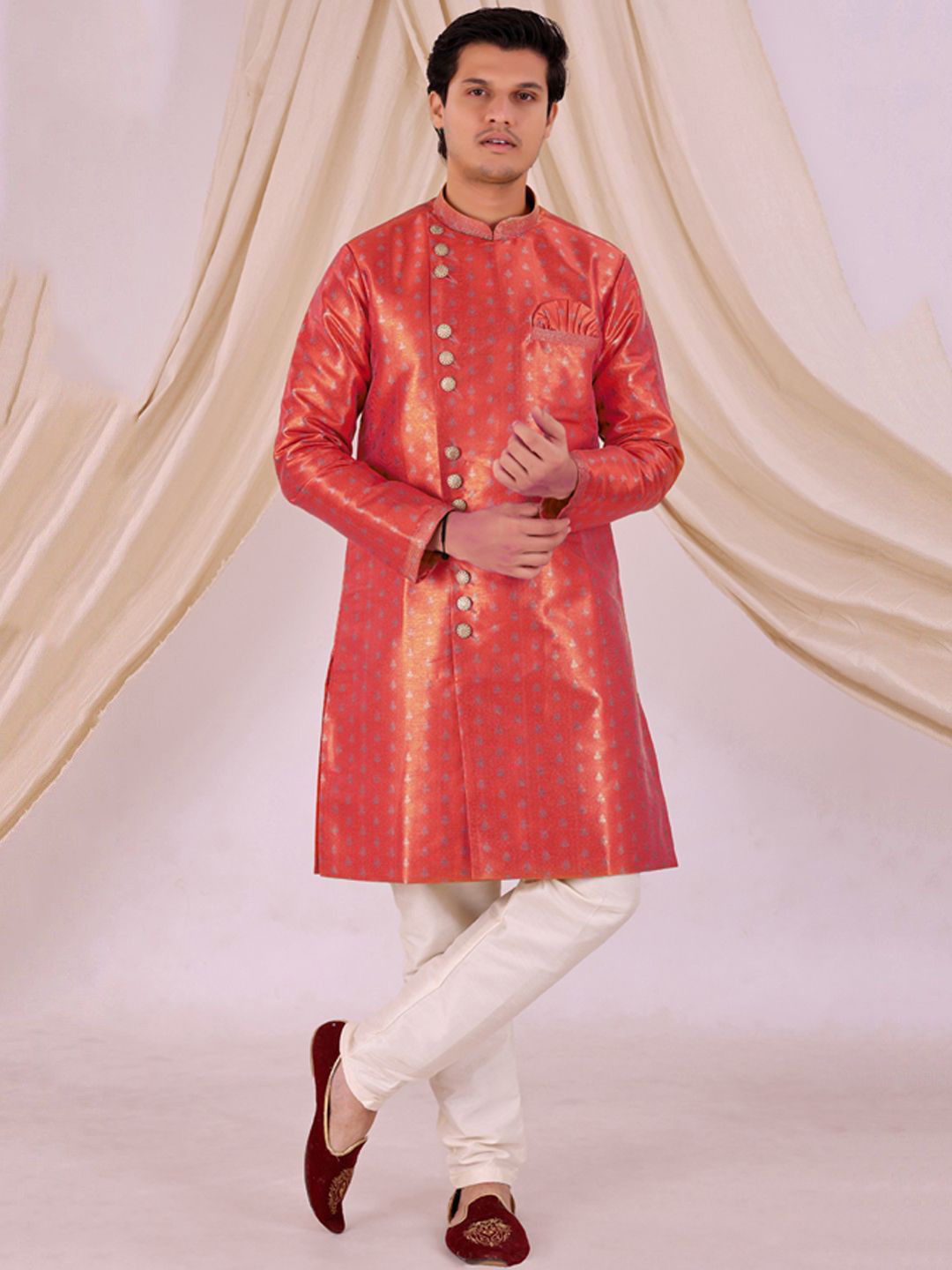 Desibutik Floral Woven Design Mandarin Collar Sherwani With Pyjama