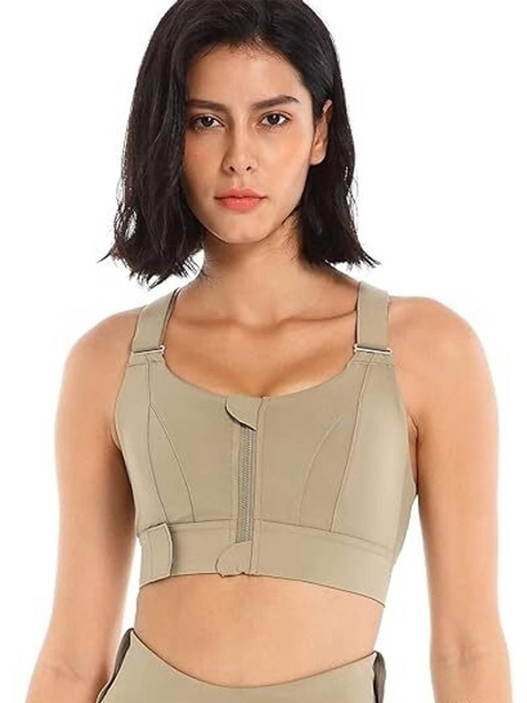 BROKE BRAND Women Full Coverage Front Zip Workout Bra with Adjustable Beige Strap