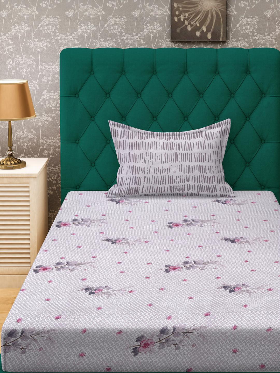 KLOTTHE Purple Floral Cotton Single Bedsheets