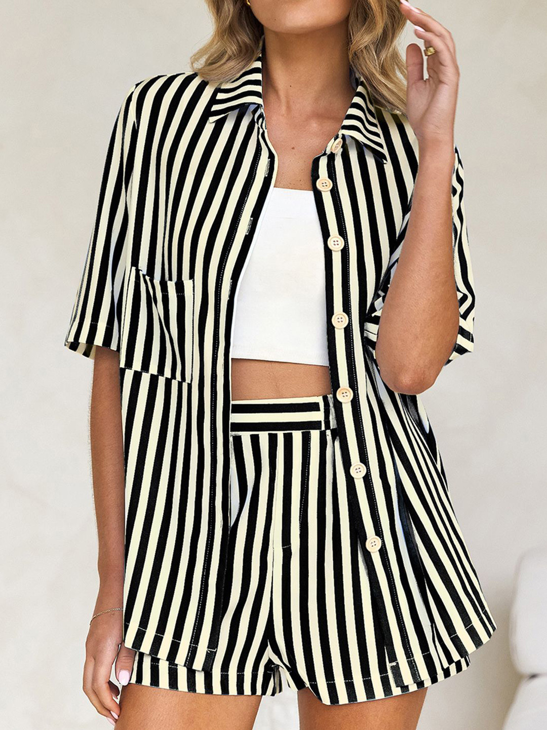 JC Mode Striped Three-Quarter Sleeves Shirt & Shorts