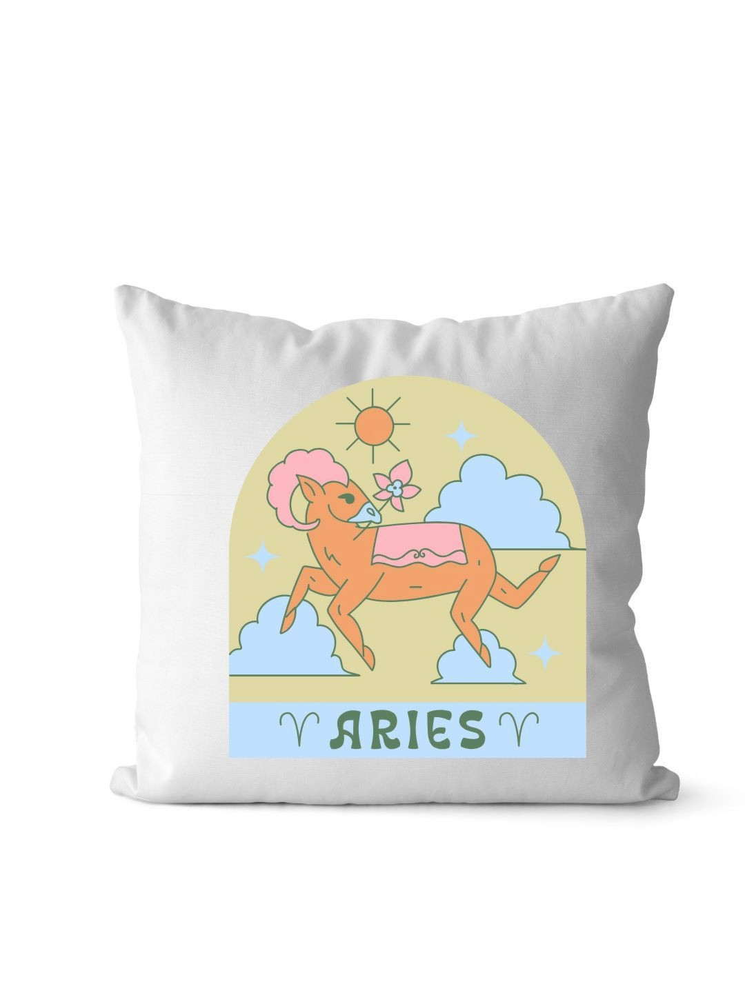 Loops n knots White & Yellow Aries Zodiac Printed Pre-Filled Cushion - 12 X12 inch