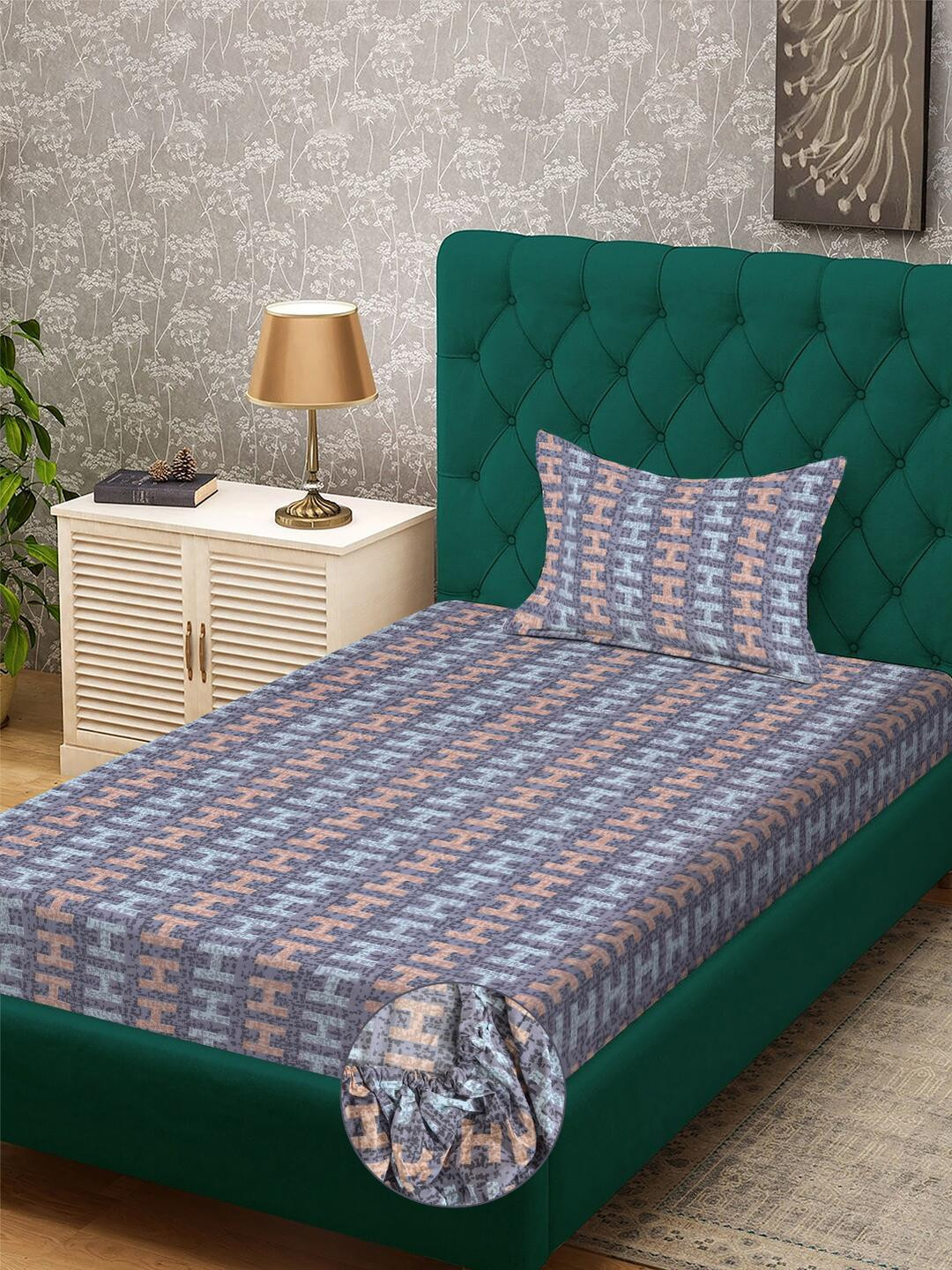 Klotthe Purple Abstract 300 TC Cotton Blend Fitted Single Bedsheet in Book Fold Packing