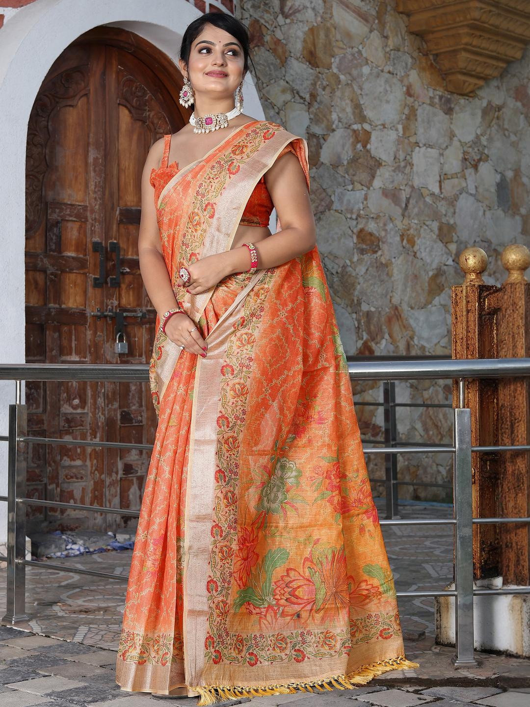 Anouk Orange Tissue Printed Sarees