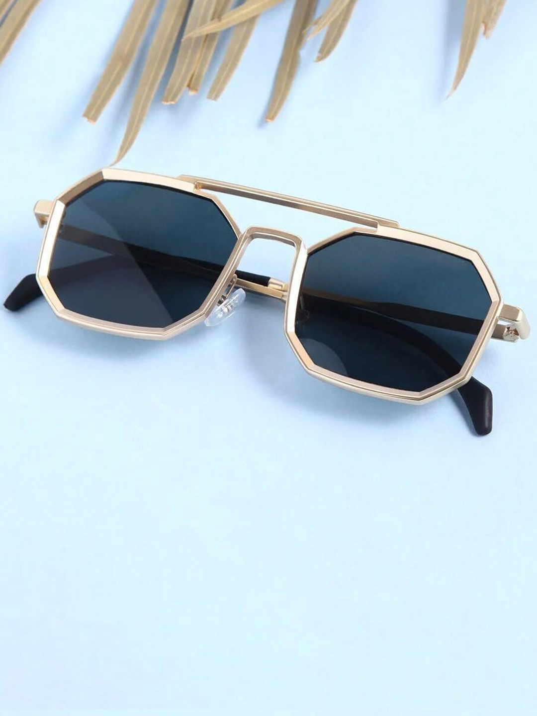 SPADEACES Unisex Hexagonal Sunglasses with UV Protected Lens GOLD BLACK POLYGON -442