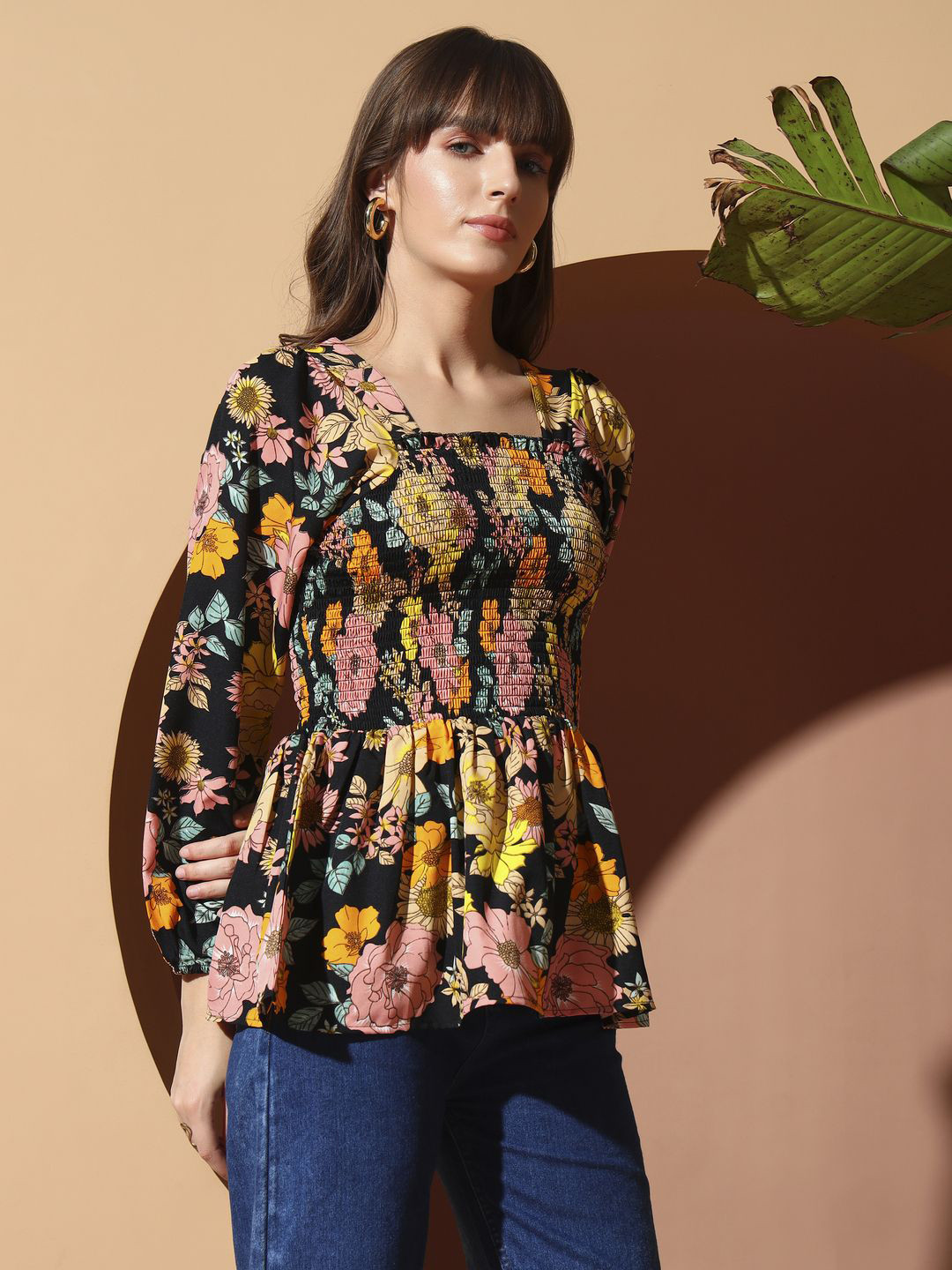 OTABU Women Floral Print Puff Sleeves Smocked Peplum op