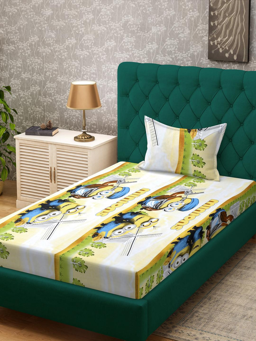 KLOTTHE Yellow Cartoon Characters Cotton Single Bedsheets