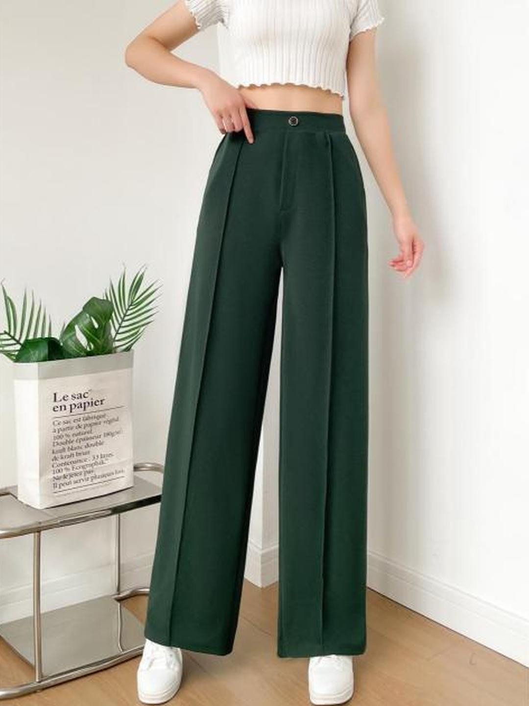Stem Rope Women Green Mid Rise Slip On Pleated Polyester Trouser