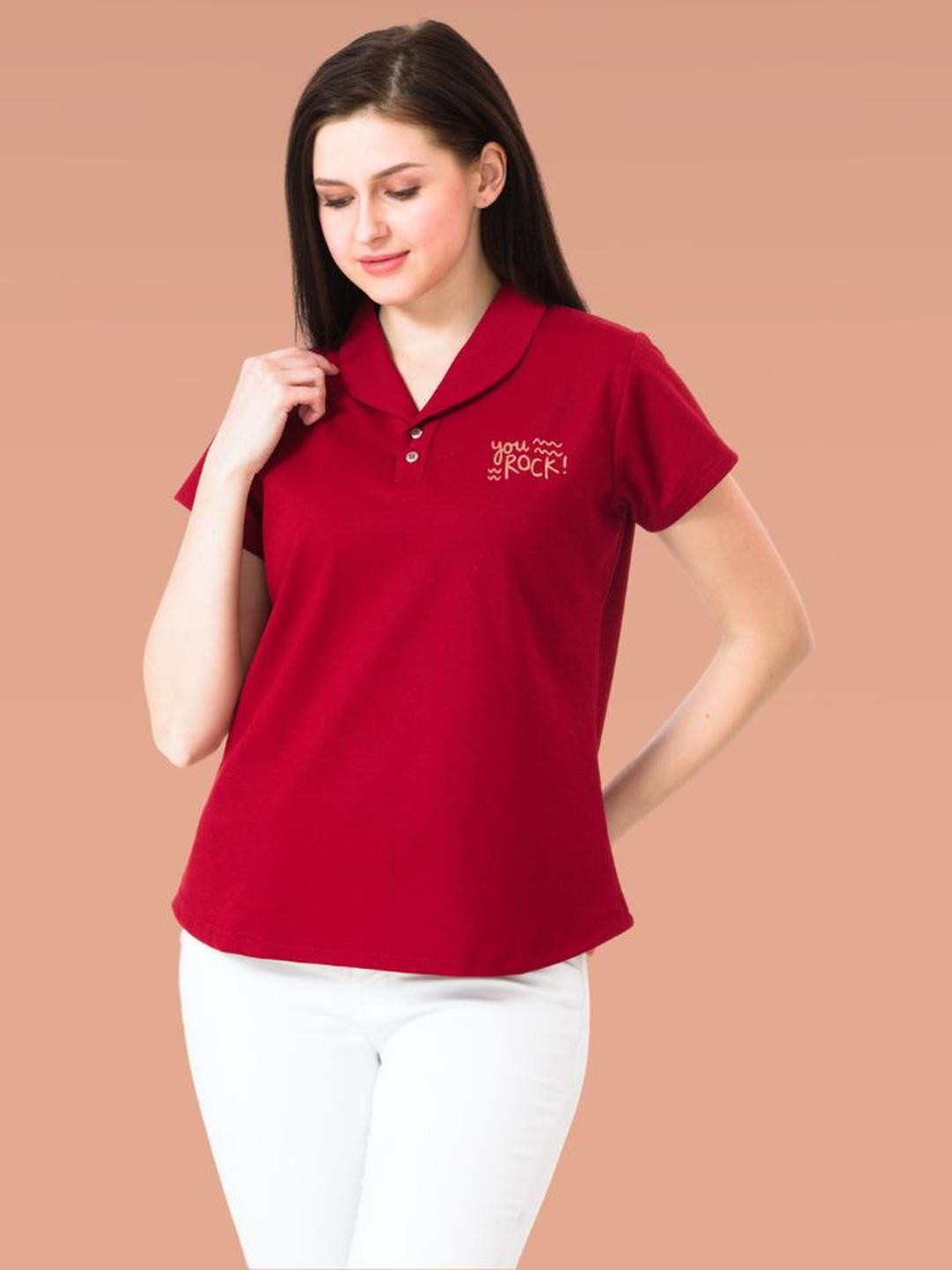 Lango Women Red Solid Printed Polo Collar Short Sleeves Cotton Causal T-shirt