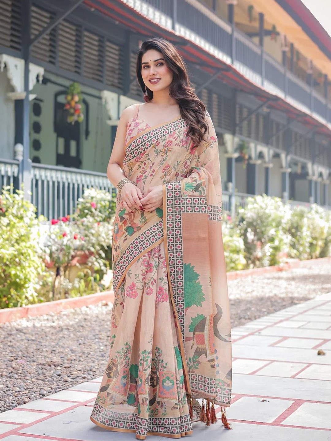 OCTICS Kalmkari Printed Pure Cotton Chanderi Saree