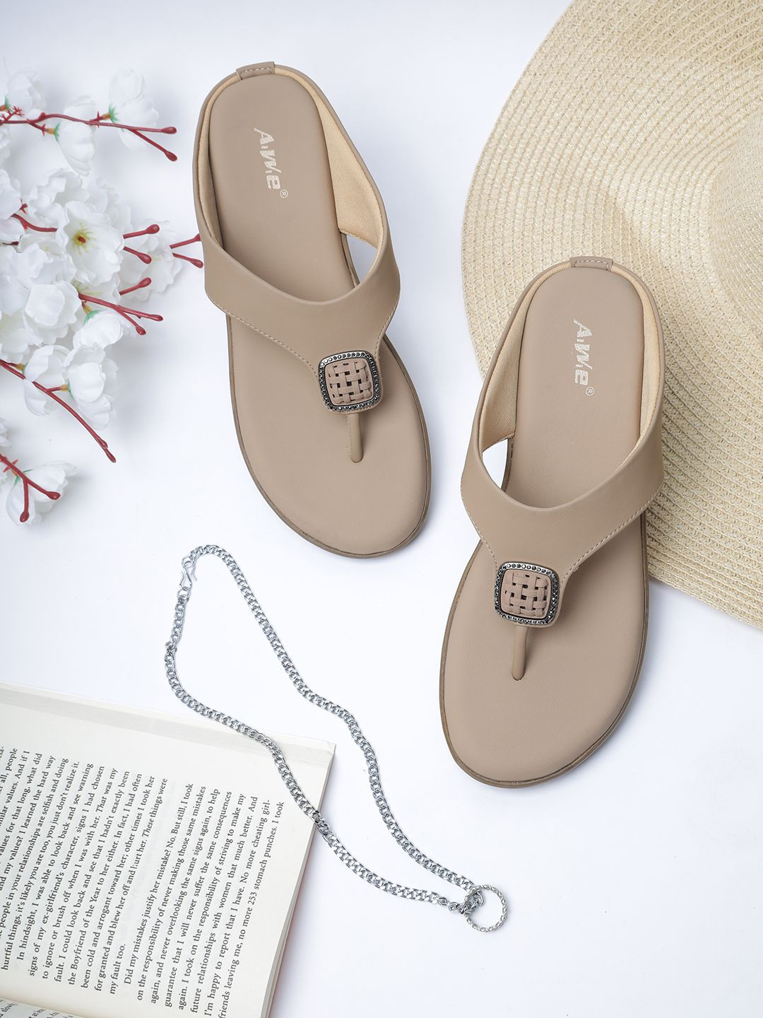 AIWIE Women Toe-Ring With Stylish Buckle T-Strap Flats