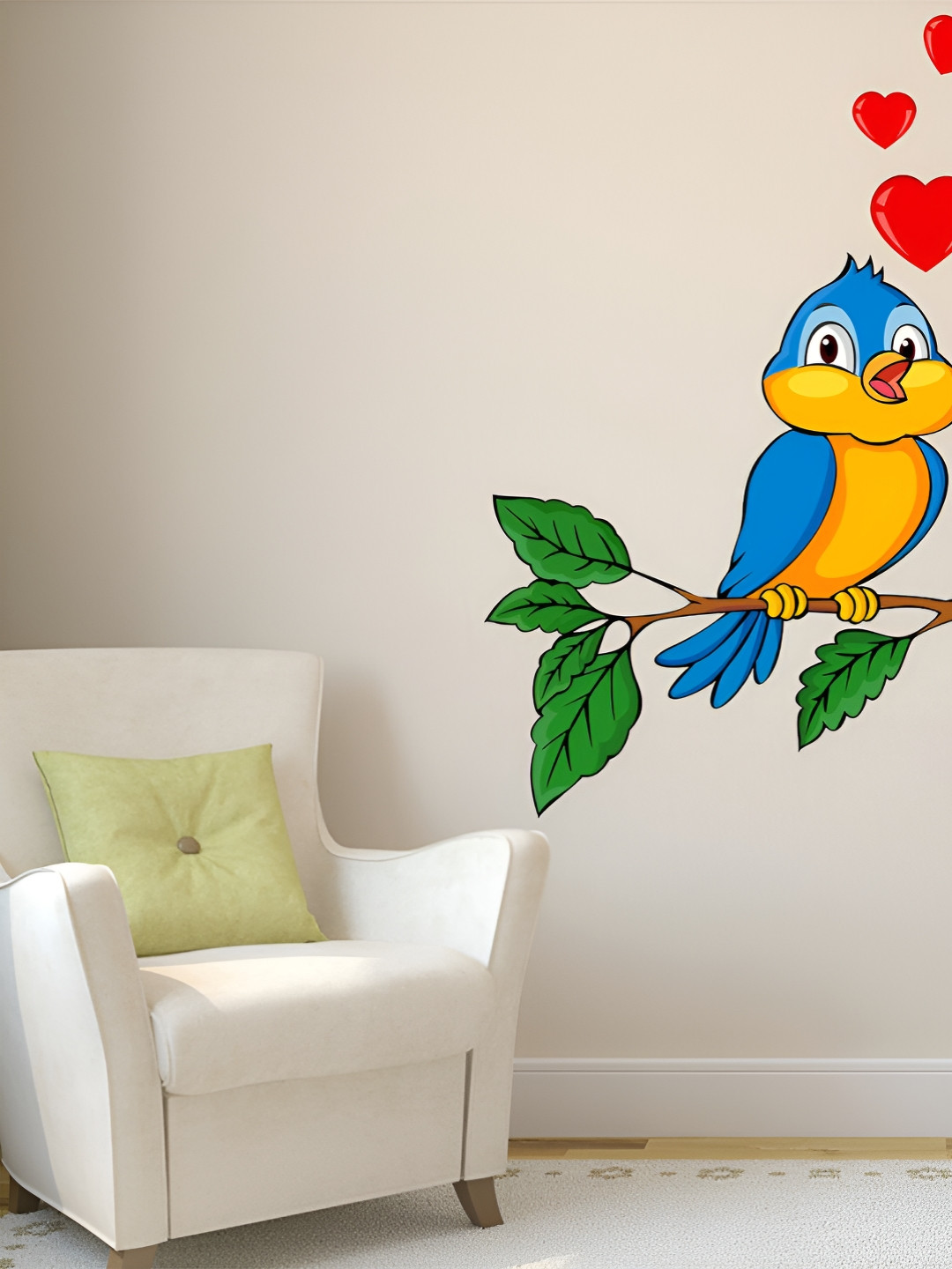 LANSTICK Blue & Red Tree With Birds Printed Self-Adhesive Wall Stickers