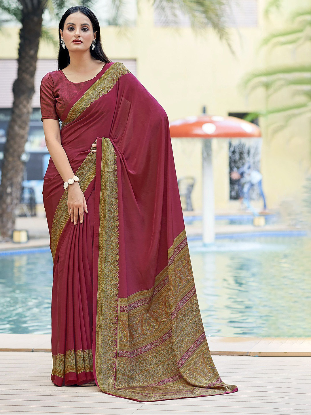 THE FASHION ATTIRE Pink TIARAA Self Design Bollywood Crepe Saree