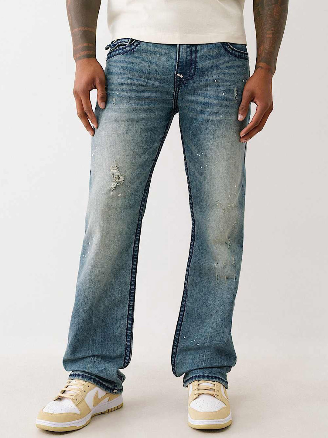 True Religion Men Ricky  Super T Straight Fit Mid-Rise Low Distress Light Fade Jeans