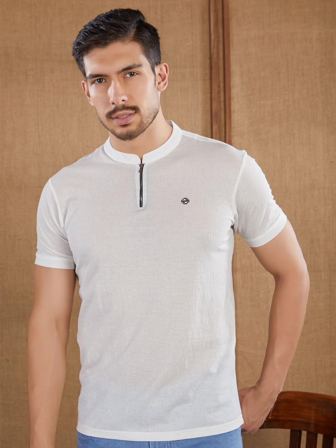 PRORIDERS White Self Design Mandarin Collar T-shirt