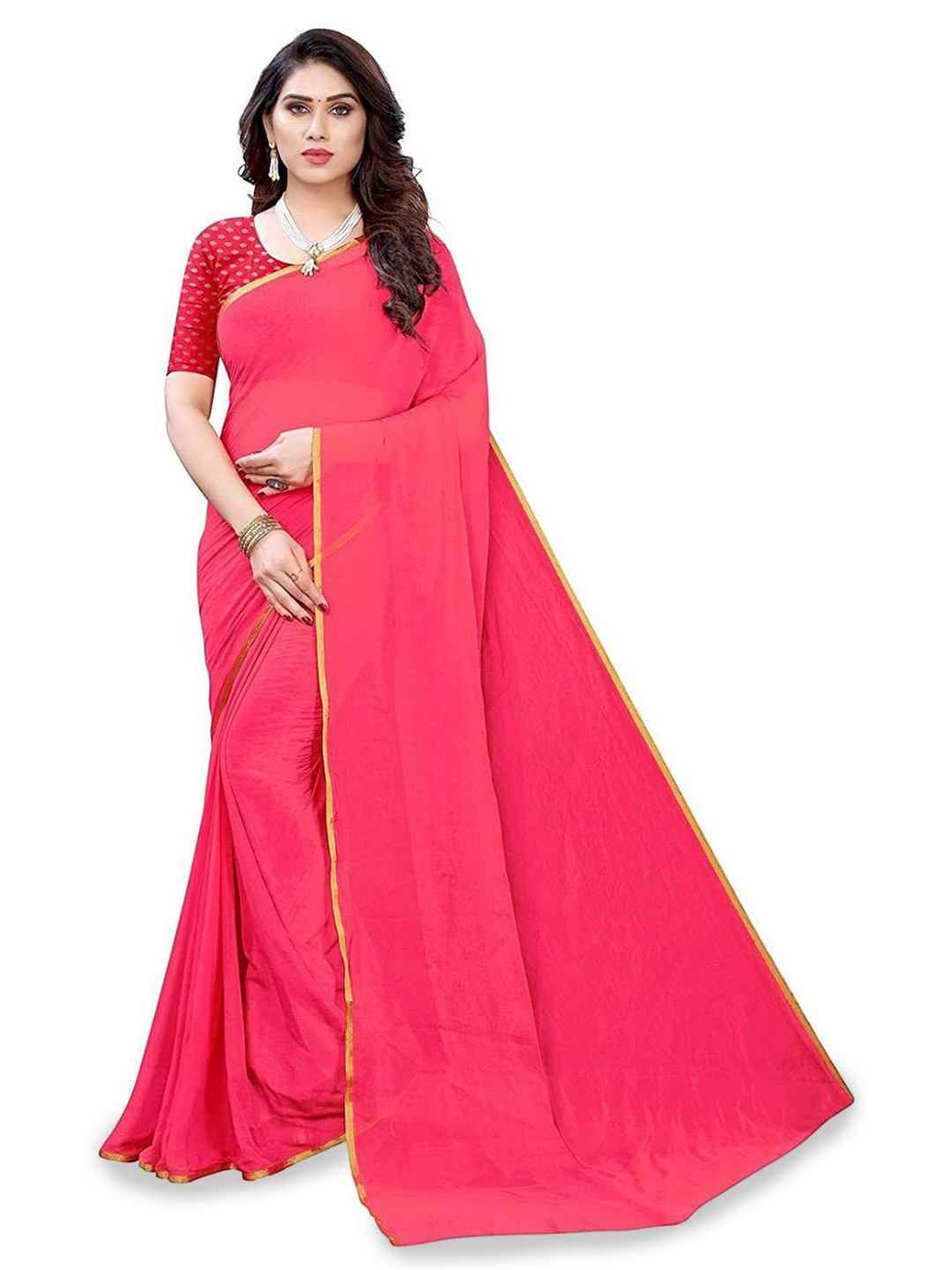 THE FASHION ATTIRE Pink TIARAA Solid/Plain Daily Wear Chiffon Saree