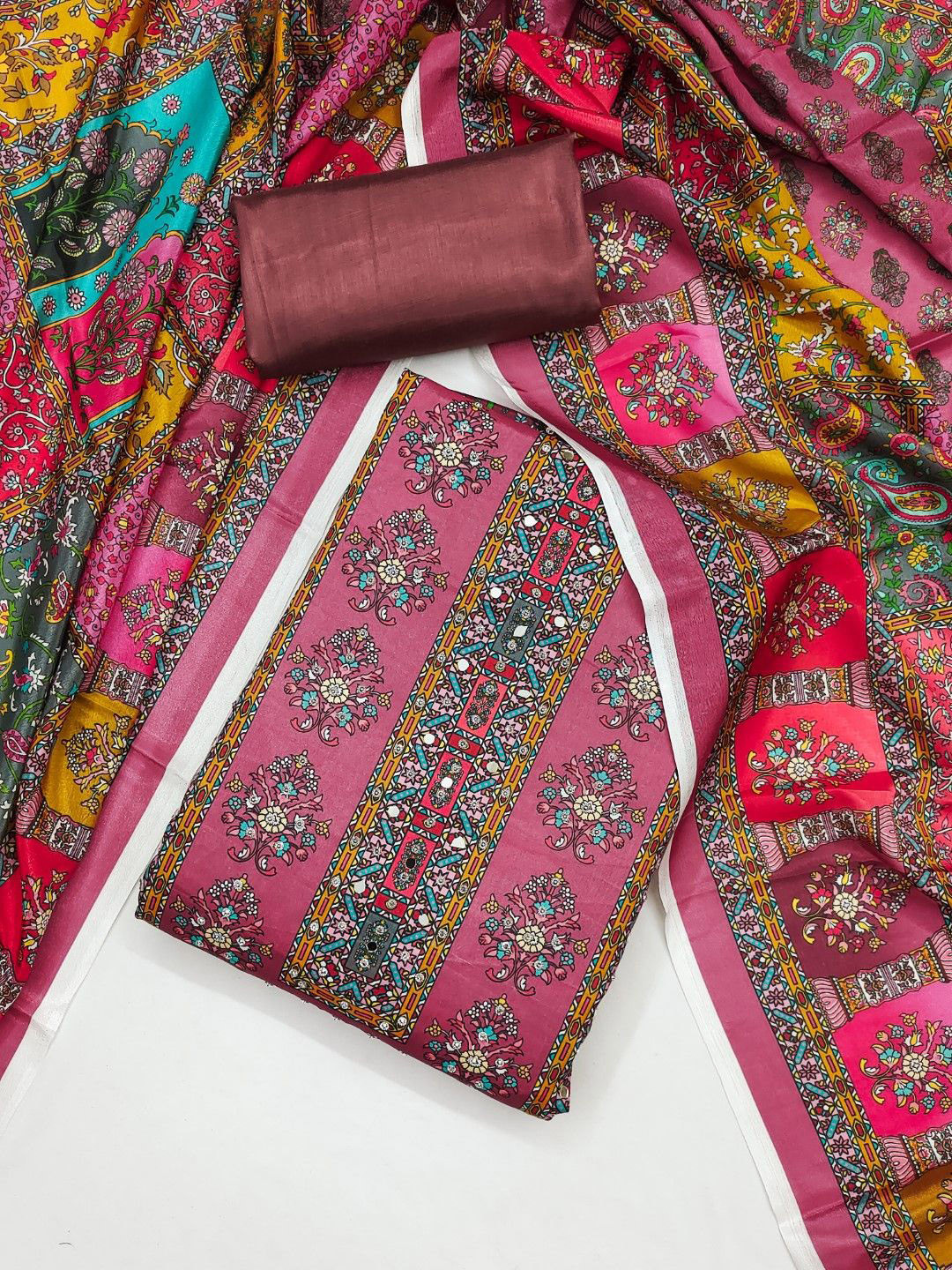 Nayanthara Trends Floral Printed Mirror Work Unstitched Dress Material