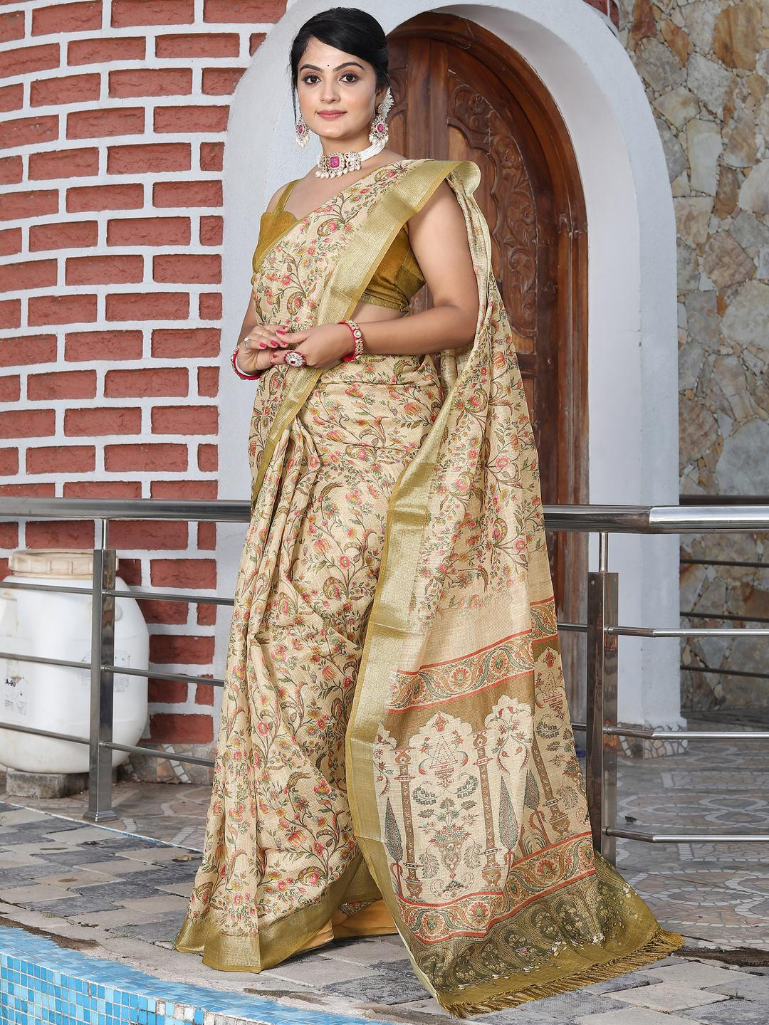 Anouk Beige Tissue Printed Sarees