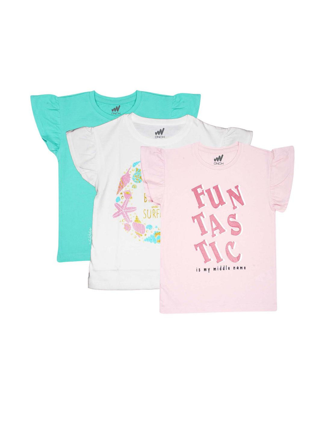 ONCH Girls Pack Of 3 Typography Printed Cap Sleeves Cotton T-shirts