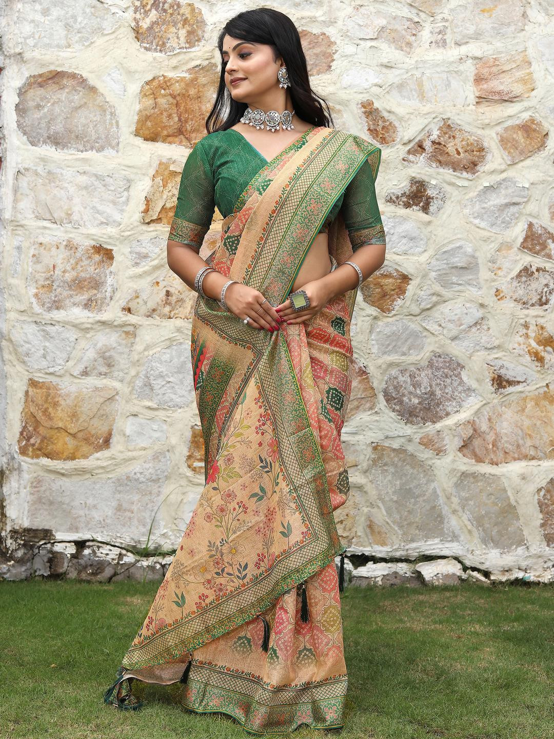 Anouk Yellow Tissue Printed Sarees